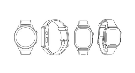 Modern smartwatch designs displayed from multiple angles and perspectives offering a clean aesthetic vector