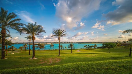 Beautiful sunrise over a public park featuring palm trees, a serene morning scene, travel backdrop