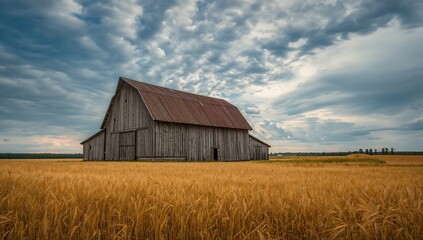Obraz premium A rustic timber barn set in vast golden grain fields beneath a striking summer sky.