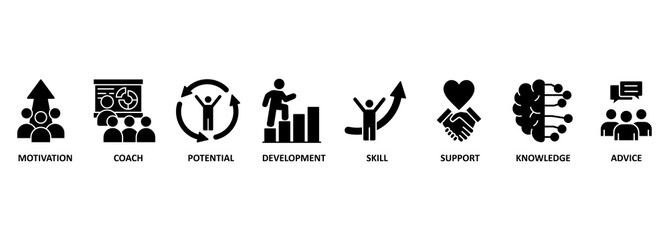 Banner coaching concept. Keywords and pictogram