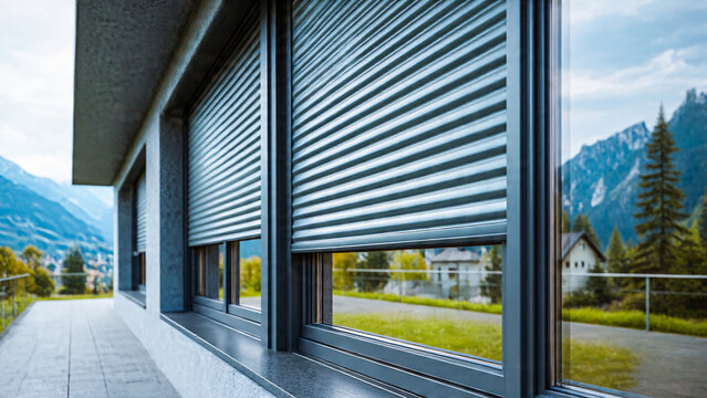 Volants roulants a demi ferm&eacute;s sur baie, vue ext&eacute;rieure