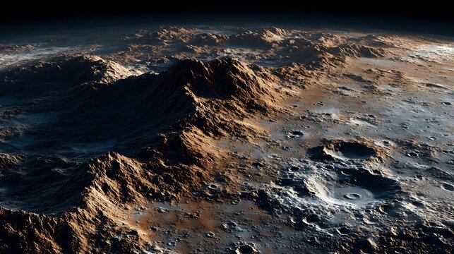 Mercury rocky terrain with crater surfaces shown in sharp lighting and hyper realism
