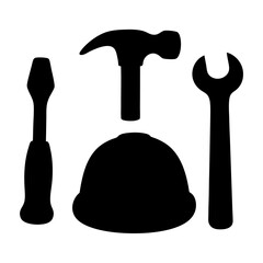 Construction tools and safety helmet icon silhouette, Black silhouette icon showing a screwdriver, hammer, wrench, and hard hat, representing construction work, tools, and safety gear.
