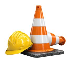 Construction safety gear hard hat and cones worksite setup isolated on transparent background
