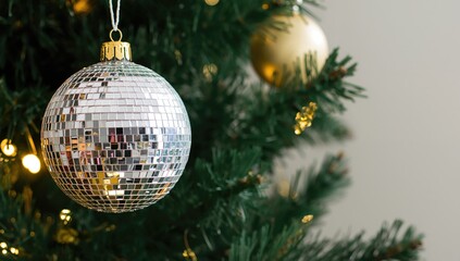Obraz premium Shiny silver disco ball ornament suspended from a festively adorned holiday tree. Festive tree embellishment backdrop for winter celebrations.