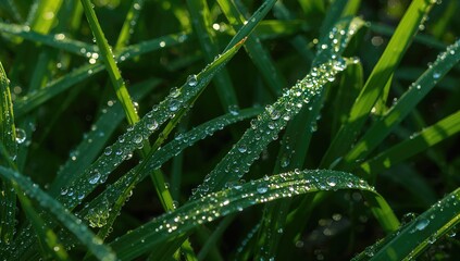 Naklejka premium Dew drops shimmer on lush green grass blades in early morning light, creating a refreshing natural display
