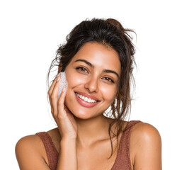 Fototapeta premium Skincare routine young woman smiling beauty natural light isolated on transparent background