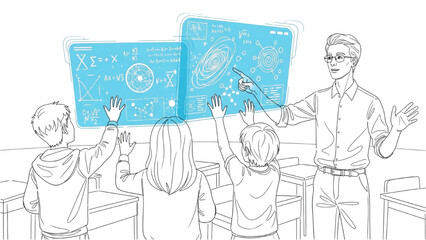 High Quality Black Continuous Line Art of Students Interacting with Holographic Screens While Teacher Points at Virtual Data