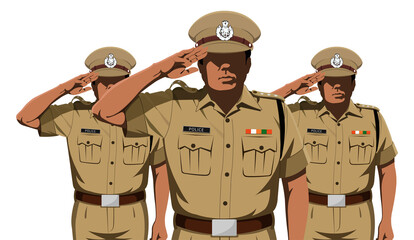 Three Indian police officers in khaki uniform saluting. Central officer has medals and a detailed...