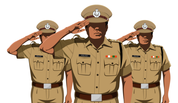 Three Indian police officers in khaki uniform saluting. Central officer has medals and a detailed cap. Strong vector graphic symbolizing law, service, and authority.