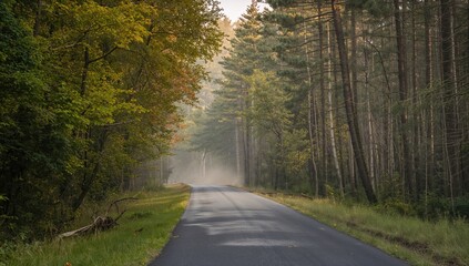 Obraz premium Forest road at dawn, nestled between deciduous and pine trees, seasonal change