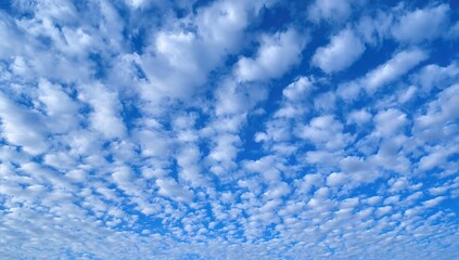 Fototapeta premium A mesmerizing natural pattern emerges in the summer sky filled with fluffy clouds, contrasting with the snowy scenery of winter.