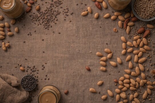Raw peanuts scattered on a cloth atop a wooden surface from above - Powered by Adobe