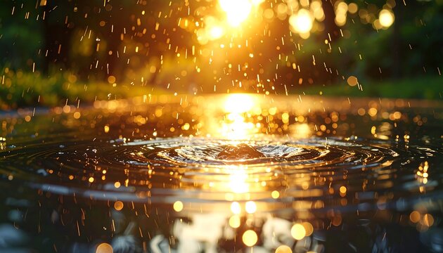 Golden sunlight filters through trees, illuminating droplets falling into still water creating ripples. Selective focus with bokeh effect