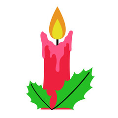 Illustration of Candle with Holly Leaves