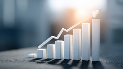 Gráfico de crescimento com barras e seta para cima simboliza aumento de resultados, evolução financeira, desempenho positivo e sucesso estratégico nos negócios.
