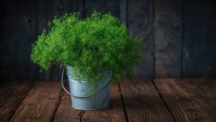 Bouquet of green dill in an iron bucket on aged wooden surface, adds rustic charm to summer gardening