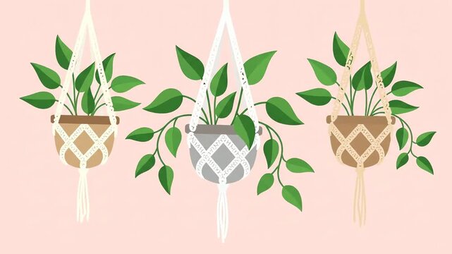 Three Animated Hanging Houseplants in Macrame Planters.