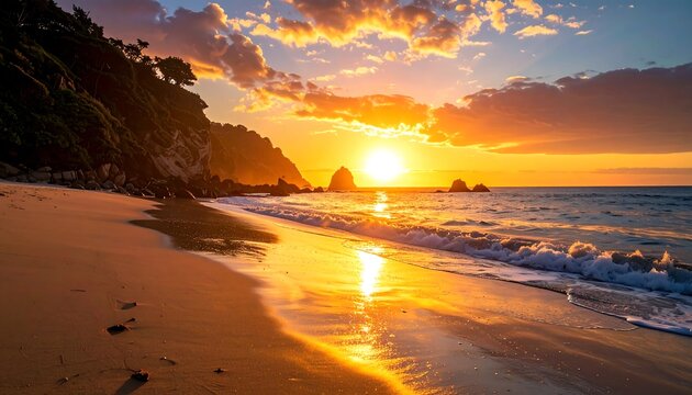 Golden hour over a picturesque beach. Sunlight bathes the scene, reflecting on wet sand & calm waves. A rocky cliff frames the side. Dramatic clouds fill the vibrant sky