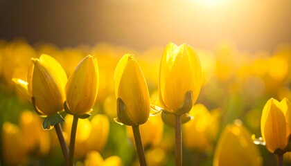 Golden sunlight illuminates a field of vibrant yellow tulip buds, creating a warm, serene, and hopeful ambiance