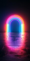 Neon rainbow forms on pitchblack background, abstract 3D conceptual image, 80s retro vibes, minimal fashion stage setup, futuristic lighting