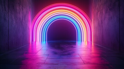 Neon rainbow forms on pitchblack background, abstract 3D conceptual image, 80s retro vibes, minimal fashion stage setup, futuristic lighting
