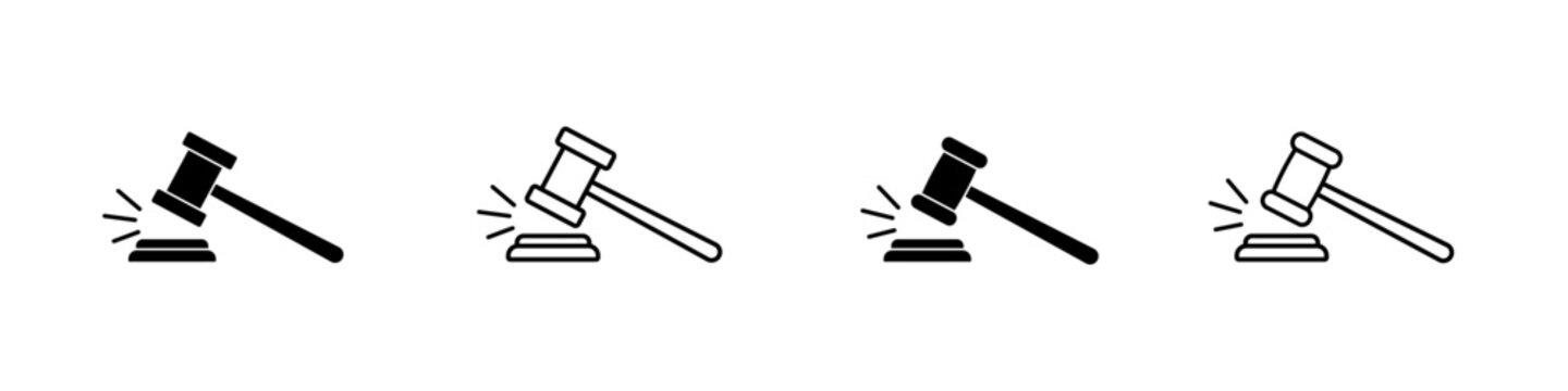 Judge gavel icon set. Auction gavel vector set. Court hammer icon set.