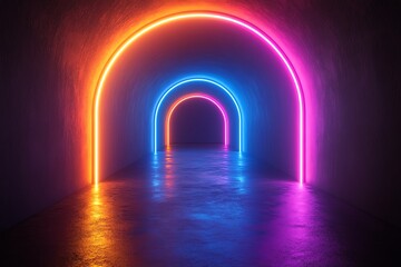 Neon rainbow forms on pitchblack background, abstract 3D conceptual image, 80s retro vibes, minimal fashion stage setup, futuristic lighting