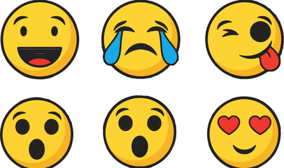 Fototapeta premium Collection of expressive yellow emoji faces showing different emotions