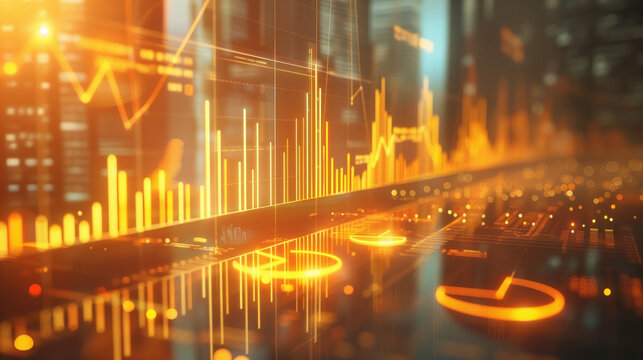 A dynamic financial chart with glowing orange candlesticks and data lines, representing stock market volatility, investment analysis, trading performance, and economic trends in a digital tec