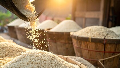 Golden sunlight illuminates a vendor pouring grains into a woven basket, with others overflowing behind. The image is about agriculture