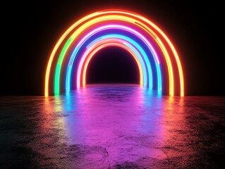 Neon rainbow forms on pitchblack background, abstract 3D conceptual image, 80s retro vibes, minimal fashion stage setup, futuristic lighting