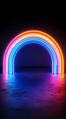 Neon rainbow forms on pitchblack background, abstract 3D conceptual image, 80s retro vibes, minimal fashion stage setup, futuristic lighting