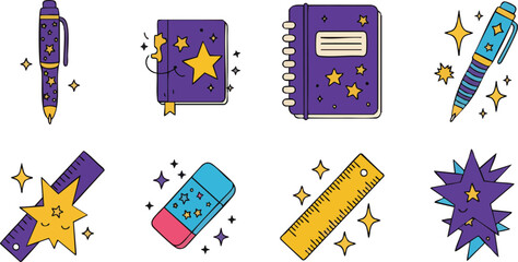 Collection of school supplies including pens notebooks erasers and rulers.