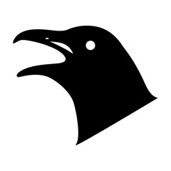 Stylized raven head in black silhouette with an open beak design