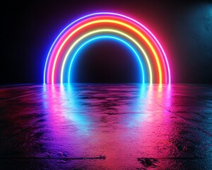 Neon rainbow forms on pitchblack background, abstract 3D conceptual image, 80s retro vibes, minimal fashion stage setup, futuristic lighting