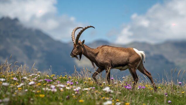 Alpine chamois roaming through a vibrant mountain meadow, showcasing the beauty of nature, seasonal change