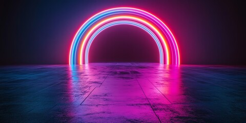 Neon rainbow forms on pitchblack background, abstract 3D conceptual image, 80s retro vibes, minimal fashion stage setup, futuristic lighting