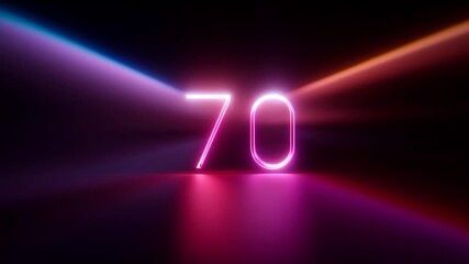 Vibrant neon number seventy appearing in a futuristic, abstract dark tunnel with colorful blue, pink, and orange laser lights illuminating the floor and creating dynamic reflections