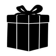 Stylized black present gift box silhouette with a ribbon and bow