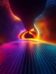 Neon rainbow forms on pitchblack background, abstract 3D conceptual image, 80s retro vibes, minimal fashion stage setup, futuristic lighting