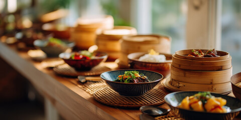 Fototapeta premium Wide bowl of Asian buffet with bamboo steamers rice and vegetables in cozy warm light, inviting communal dining atmosphere