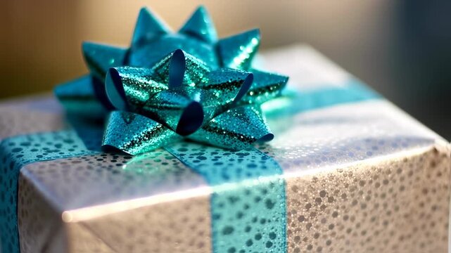 A close-up of a present wrapped in patterned paper and adorned with a glittering turquoise bow