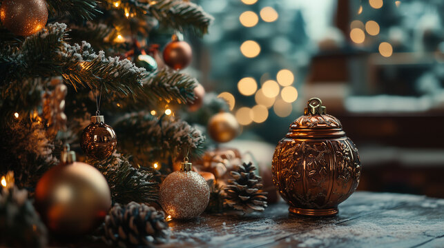 Vintage Christmas tree decorations, copper, patina, wooden objects in the home interior, Christmas and New Year theme