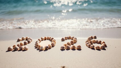 Pristine Beach with Seashells Arranged to Form 2026 on Wet Sand, Gentle Waves Coastal Holiday Background
