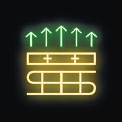 Glowing neon icon depicting breathable textile or membrane, showing its structure allowing air particles to pass through