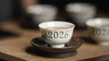 Japanese Tea Ceremony Cups with Elegant Embossed 2026 on Delicate White Ceramics Minimal Zen Lifestyle Background