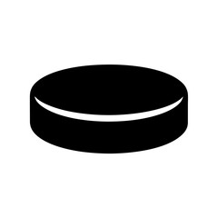 A single black hockey puck isolated on a stark white background