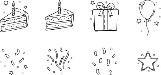 Set of handdrawn birthday celebration icons including cake gift balloon and confetti.