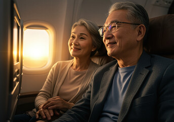 Smiling senior couple enjoying a comfortable flight together while relaxing in their seats and watching the sunset through the airplane window